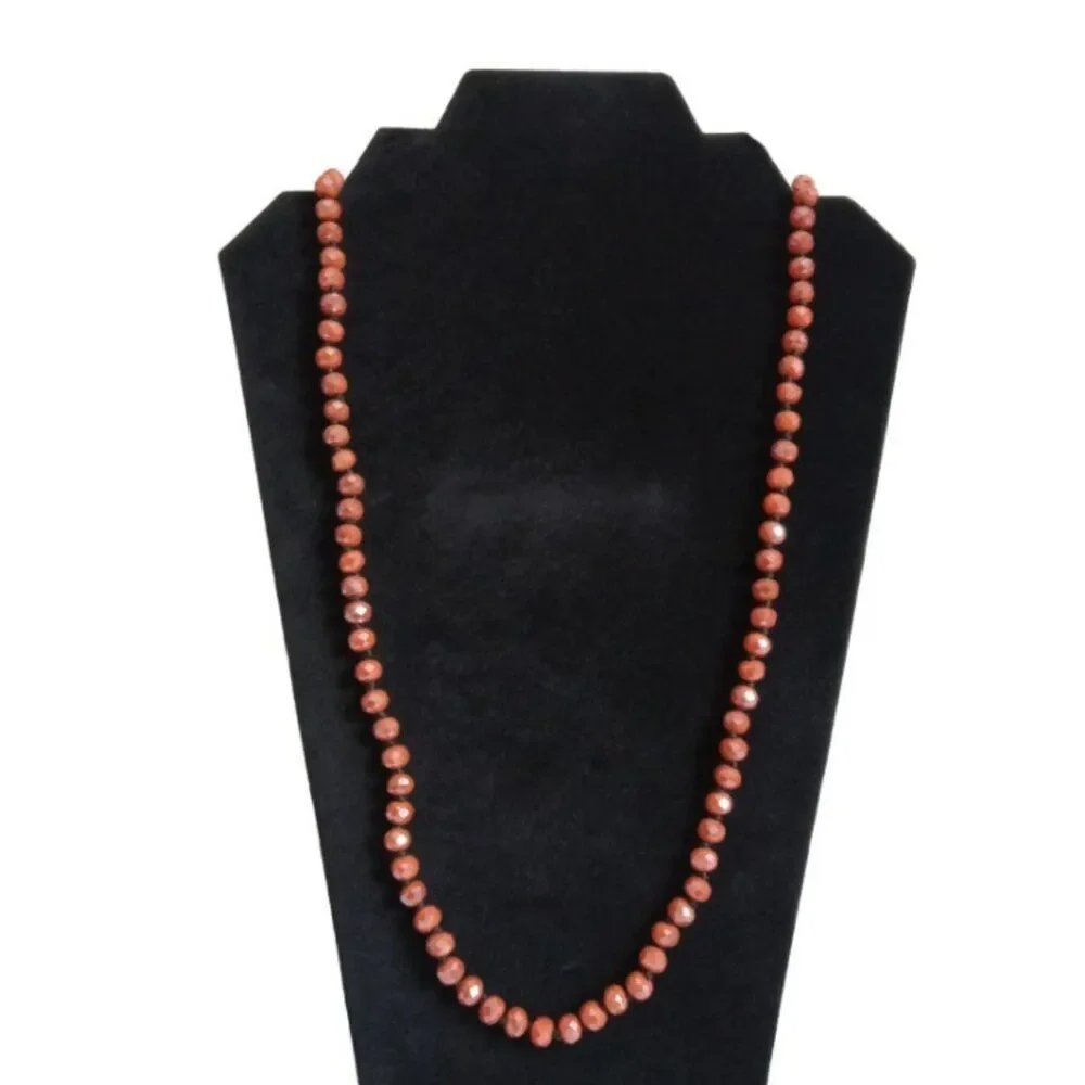 Iridescent Orange Faceted Beaded Single Strand Long Layering Fashion Necklace